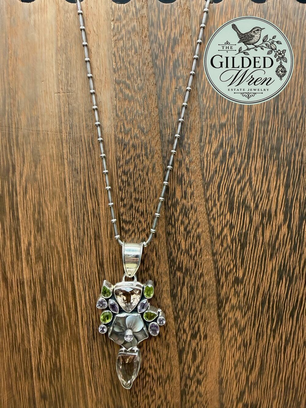 925 Sterling Silver Genuine Gemstone MOP Flower Pendant Necklace 18” 34g